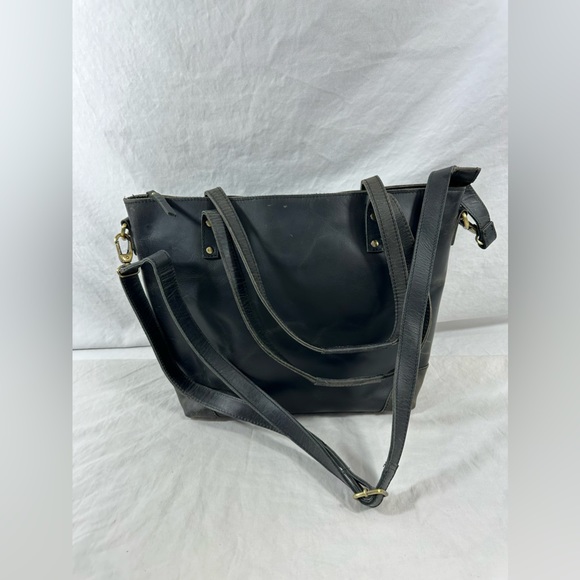 Genuine vintage large black leather tote bag carryall work school laptop carrier - Picture 6 of 16